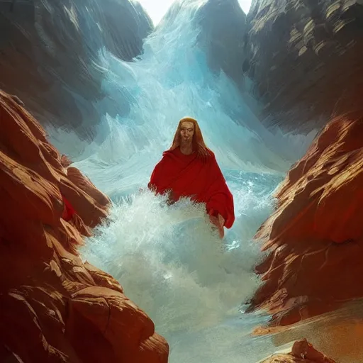 Image similar to Moses opening the Red sea, highly detailed, digital painting, artstation, concept art, sharp focus, illustration, art by artgerm and greg rutkowski and alphonse mucha