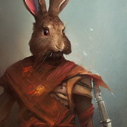 Image similar to anthropomorphic rabbit ancient warrior - swordsman, brush strokes, oil painting, greg rutkowski