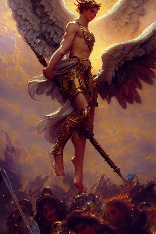 Image similar to saint michael the angel, guarding the world from evil. highly detailed painting by gaston bussiere, greg rutkowski 8 k