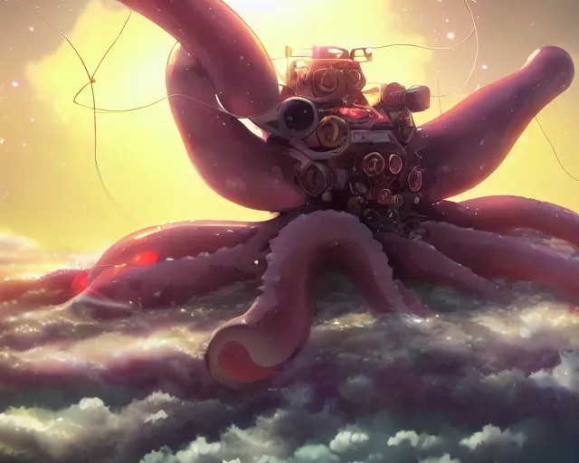 Image similar to beautiful picture of a giant octopus mecha, floating in space, anime style, art by Hajime Katoki, trending on artstation
