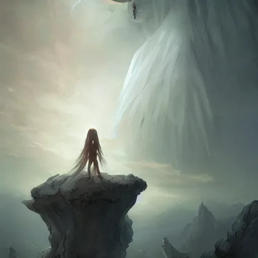 Image similar to a beautiful terrifying pale humanoid giant looms over a tiny human. ethereal fantasy art by greg rutkowski