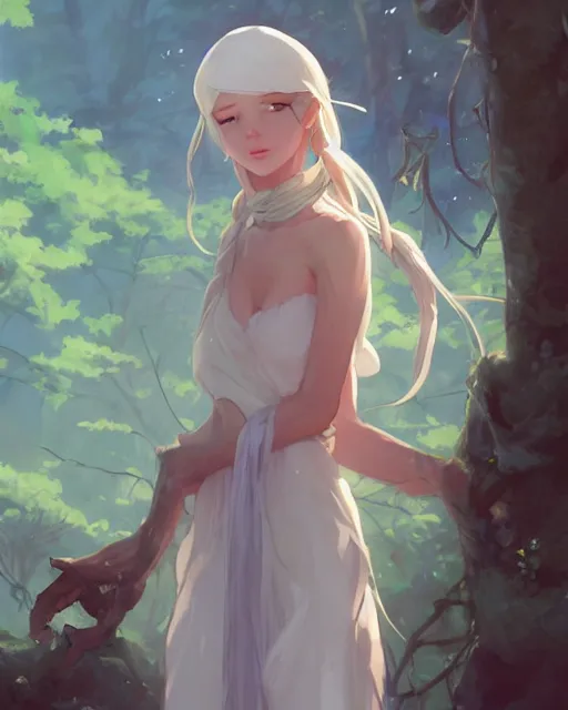 Prompt: a white tribeswoman standing in the woods. By Makoto Shinkai, Stanley Artgerm Lau, WLOP, Rossdraws, James Jean, Andrei Riabovitchev, Marc Simonetti, krenz cushart, Sakimichan, D&D trending on ArtStation, digital art.