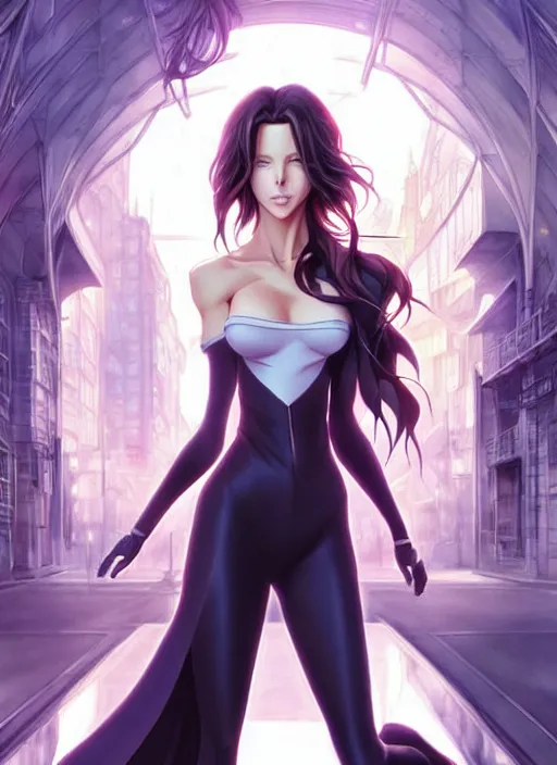 Image similar to beautiful city kate beckinsale, anime style only, scenery wallpaper aesthetic, pastel colors only, symmetrical face and full body, cinematic, dramatic, joyful, super detailed and intricate, hyper realistic, by artgerm, by kyoung hwan kim, by ralph mcquarrie, by yoshiyuki tomino