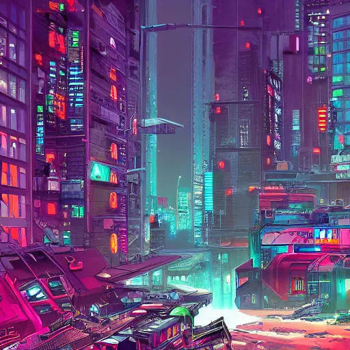 Image similar to digital painting of a cyberpunk city, comic book style, trending on Artstation, hyperdetailed