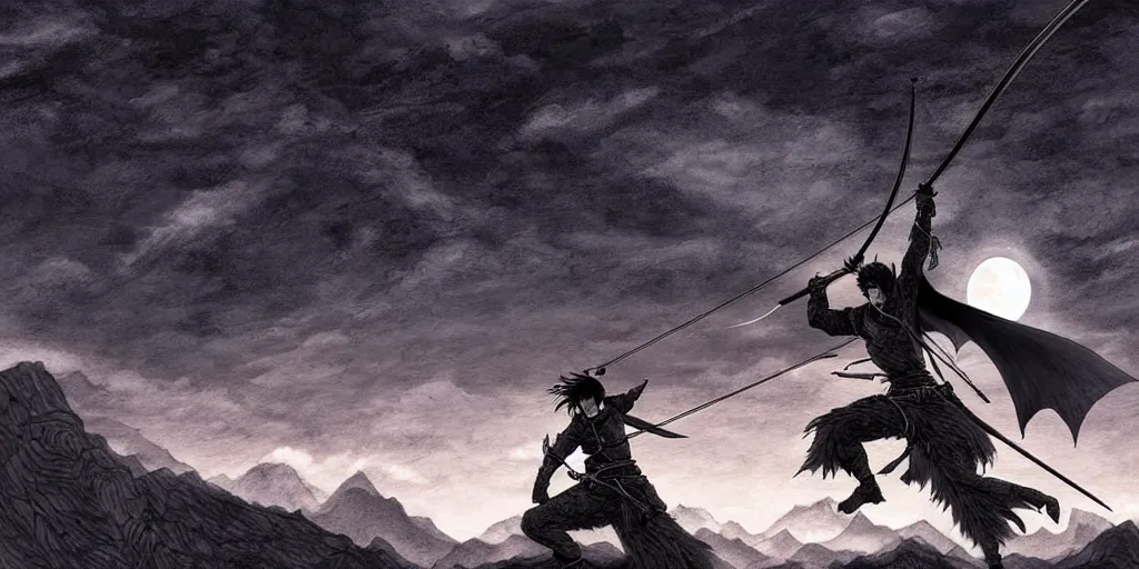 Image similar to korean archer. dragon. night sky. moon. mountain. dark fantasy. high resolution. epic fight. detailed. digital art. by kentaro miura