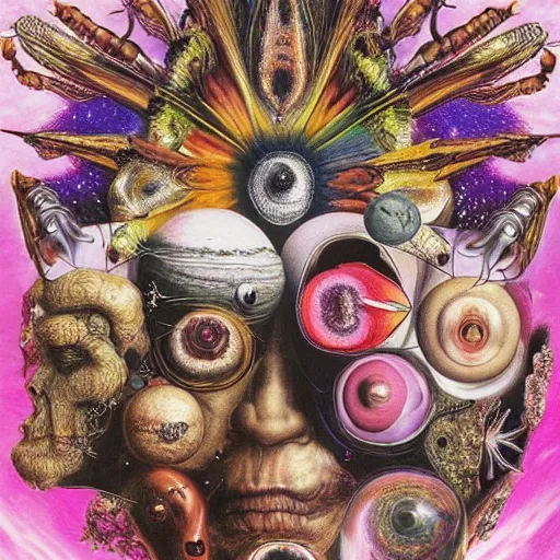 Image similar to album cover, space, magic, new age, black, white, pink, psychedelic, giuseppe arcimboldo