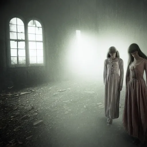 Image similar to a beautiful and eerie picture of two women wearing nightdresses in an abandoned mansion in silent hill