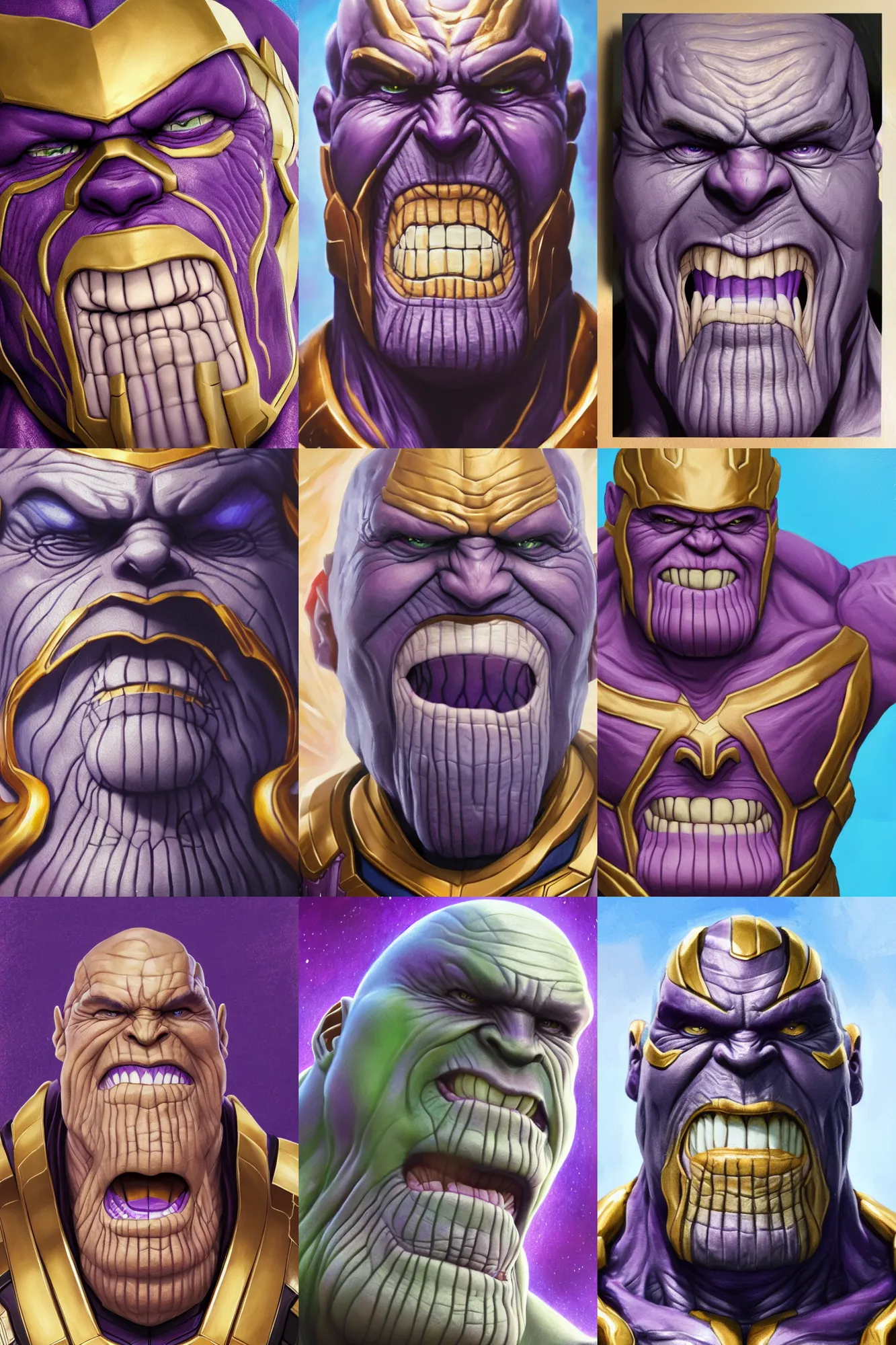 Prompt: Up Close photo of Thanos with a goofy grin, silly smile trending on artstation, oil painting brush