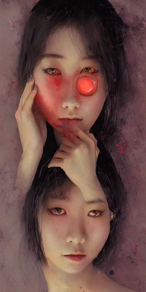 Image similar to beautiful young japanese girl with glowing red eyes, chapped lips, facial veins, black undereyes, finds herself lost in a dark indigo room, muted cold colors, painting part by wojciech siudmak, part by ilya repin, part by norman rockwell, artstation