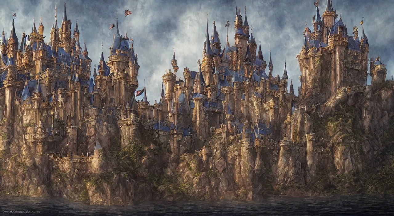 Image similar to disney fantasy castle. Jean-Baptiste Monge and Alex Ross a artwork of a gothic revival castle