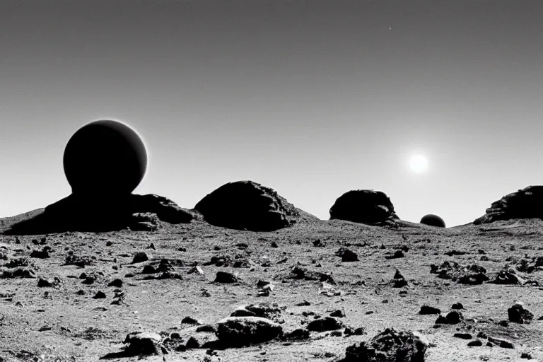 Image similar to photo taken from the surface a barren alien planet, two suns and a gas giant planet in the sky, black and white spielberg 3 5 mm film cinematic 4 k