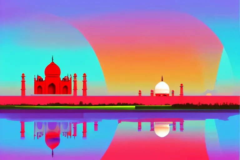 Prompt: minimalist boho style art of colorful taj mahal at sunrise, illustration, vector art