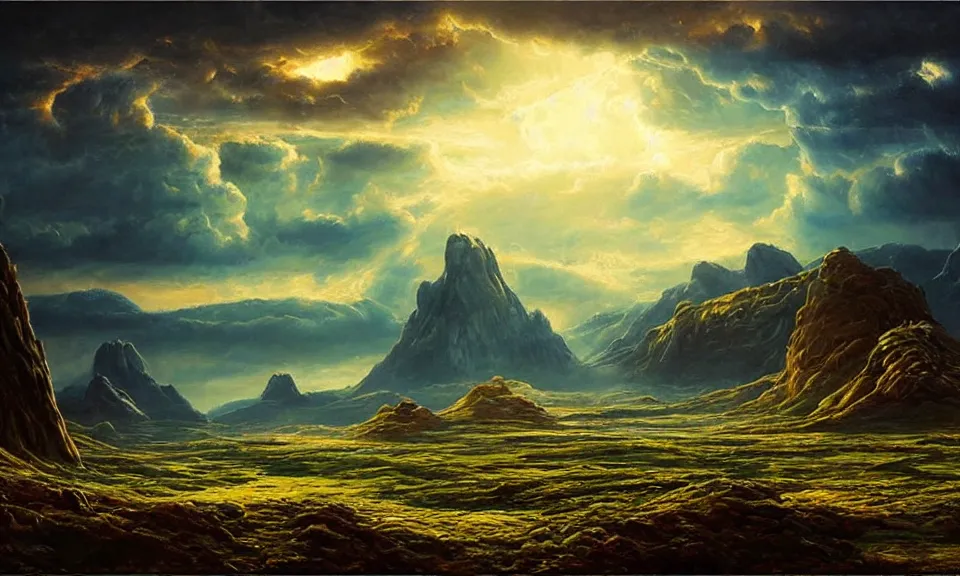 Image similar to the most beautiful landscape, oil painting, alien breathtaking landscape, cinematic lighting, highly detailed, very realistic