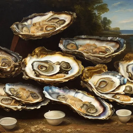 Prompt: painting of cornucopia of oysters, many plates of oysters, oysters on oyster shell plates by dutch master, trending on artstation, award - winning, timeless, art institute of chicago collection, met collection