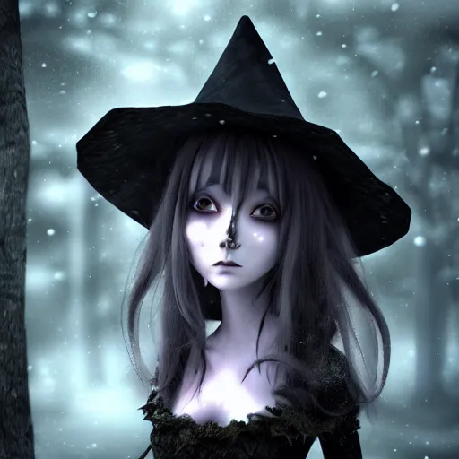 Image similar to portrait of beautiful darkness witch 3D anime girl, dark forest background, snowing, inspired by Tim Burton, digital painting, unreal engine render, volumetric light, high détail