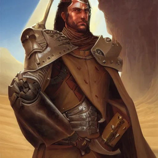 Image similar to a portrait of a paladin in the desert, stern face, D&D, digital painting by Gerald Brom, highly detailed