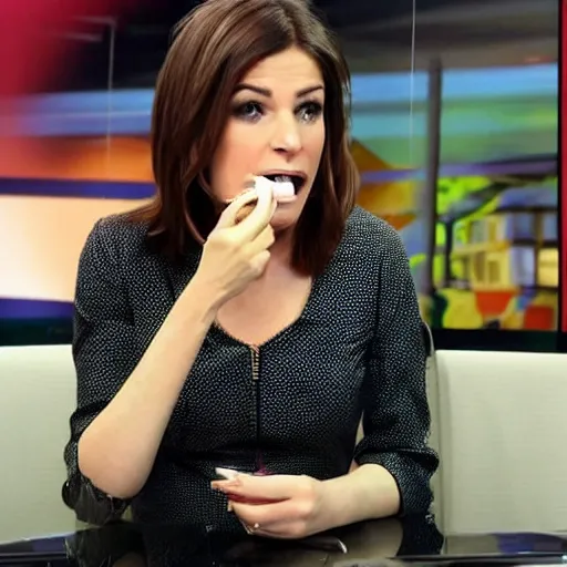 Image similar to candid photo of news female anchor face full of chocolate cream, mess, report on street