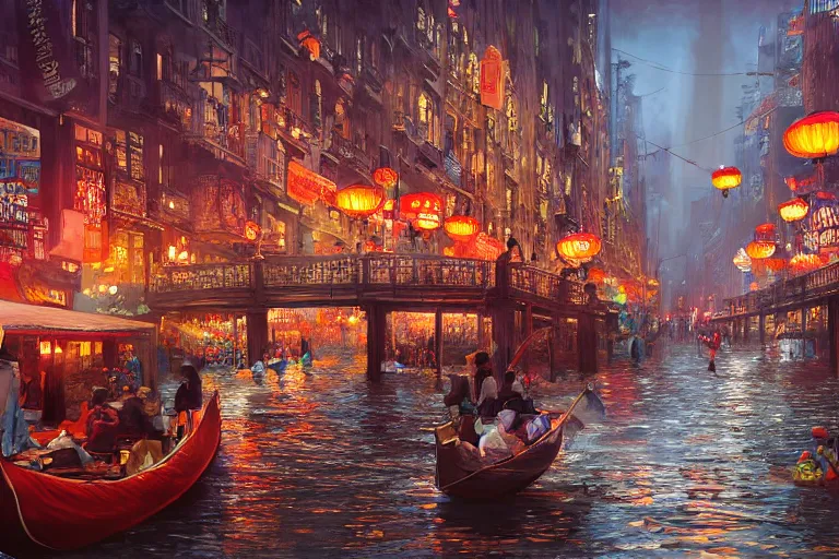 Prompt: a far-future flooded Manhattan Chinatown during a festival at dusk, with paper lanterns, banners, glowing windows, and canal streets with people in gondolas and other boats floating by, sparkling water, low angle, wide angle, beautiful, warm dynamic lighting, atmospheric, cinematic, highly detailed digital art, painted by Tyler Edlin