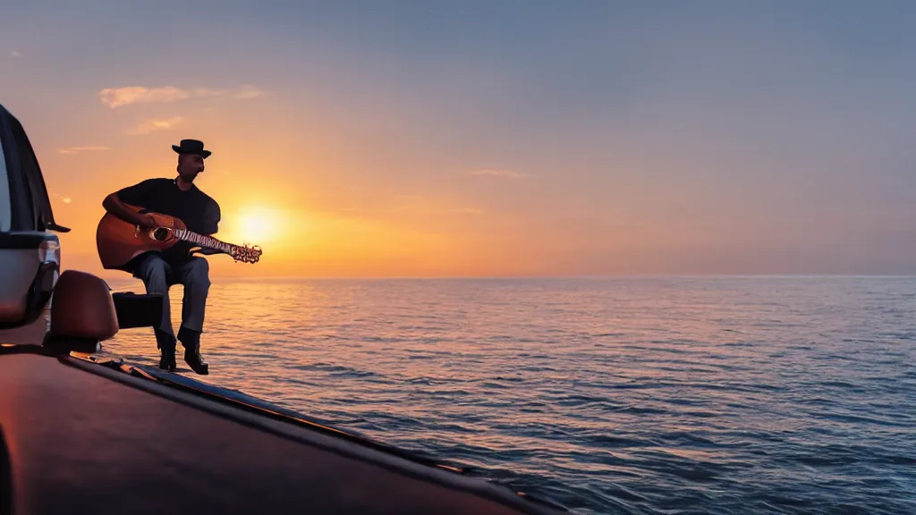 Prompt: a movie still of a man playing guitar on the roof of a car driving through the ocean at sunset, golden hour