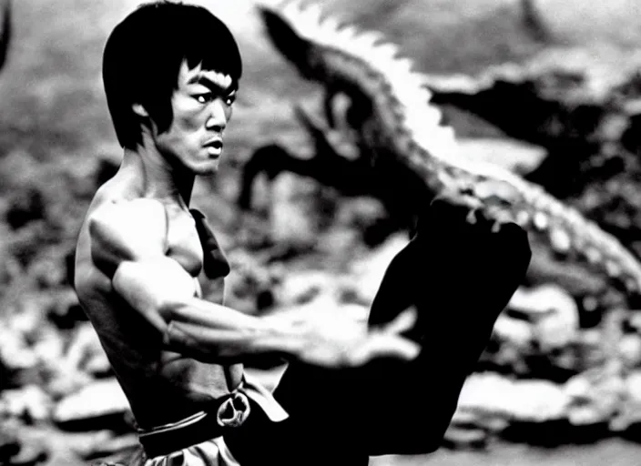 Image similar to Bruce Lee vs. a gigantic dragon, kung-fu film, vintage, martial arts, urban fantasy