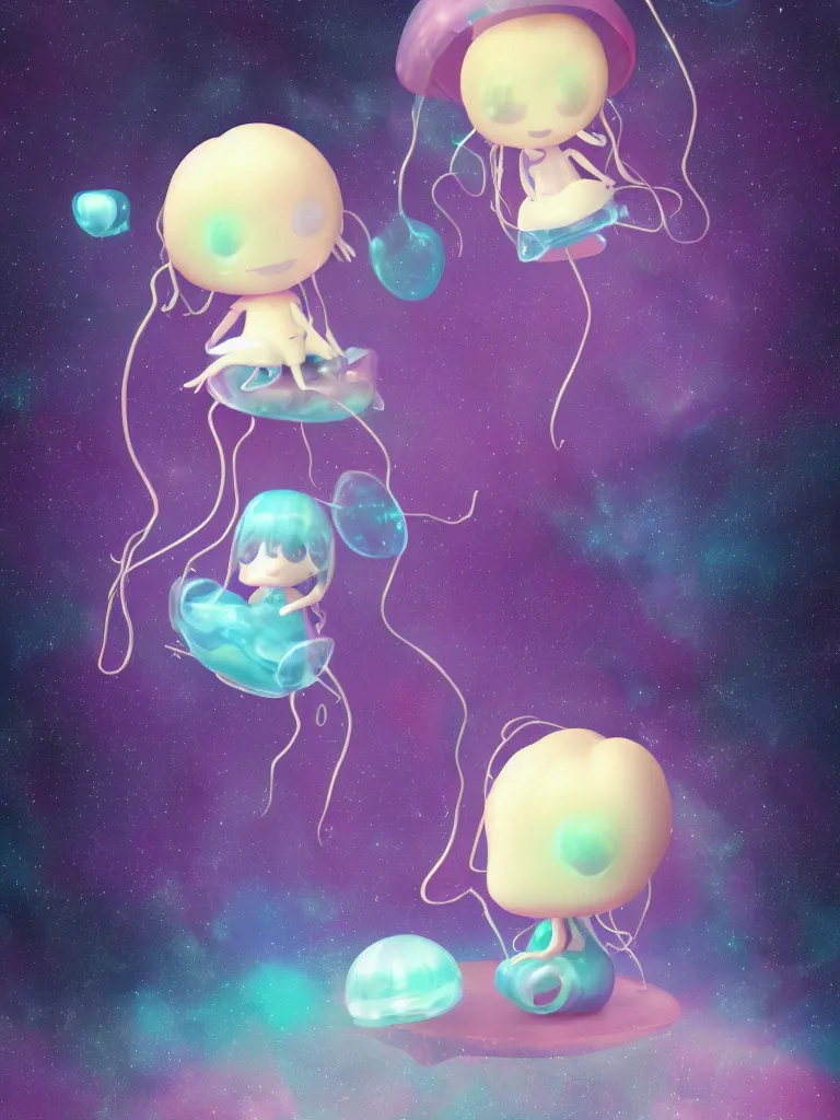 Image similar to cute fumo plush alien jellyfish girl sitting on a small island floating in the dark galactic abyss, heart eyes, vignette, vray