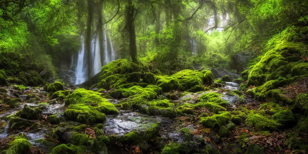 Prompt: a secret glade with waterfall, cinematic lighting, wide angle landscape photography, hyperrealistic, 8k