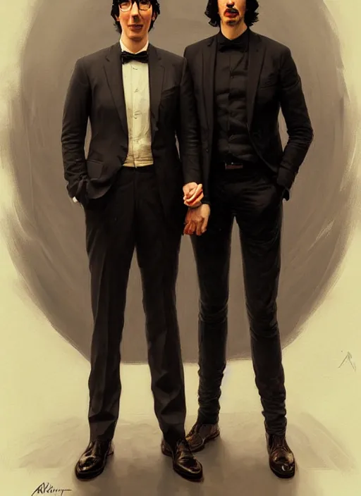 Image similar to painting of both john oliver and adam driver together, john oliver in front, full body, elegant, beautiful, highly detailed, centered, dark, smokey, digital painting, concept art, smooth, sharp focus, illustration, deviant art, art by artgerm, art by greg rutkowski, art by alphonse mucha