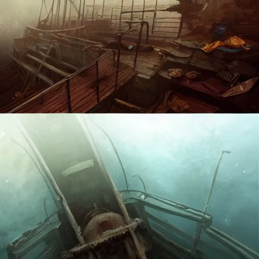 Prompt: waterlogged lower deck of shipwreck, atmospheric lighting, stunning, brave. By Makoto Shinkai, Stanley Artgerm Lau, WLOP, Rossdraws, James Jean, Andrei Riabovitchev, Marc Simonetti, krenz cushart, Sakimichan, D&D trending on ArtStation, digital art