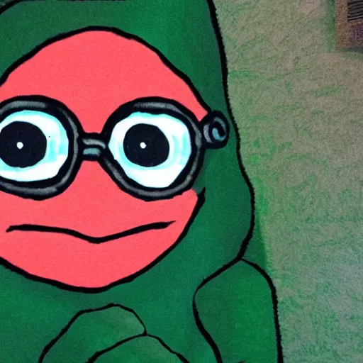 Image similar to happy pepe in a dark cave