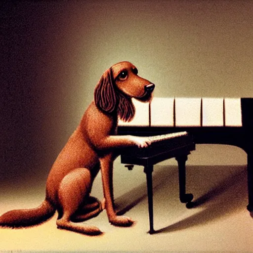 Prompt: a brown spaniel with a white chest , sat down playing a grand piano.modern. book illustration, lighting. Artwork. no text