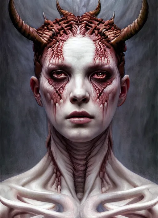 Image similar to half demon half human intricate skin pattern texture, elegant, peaceful, full body, white horns, hyper realistic, extremely detailed, dnd character art portrait, fantasy art, intricate fantasy painting, dramatic lighting, vivid colors, deviant art, artstation, by edgar maxence and caravaggio and michael whelan and delacroix.