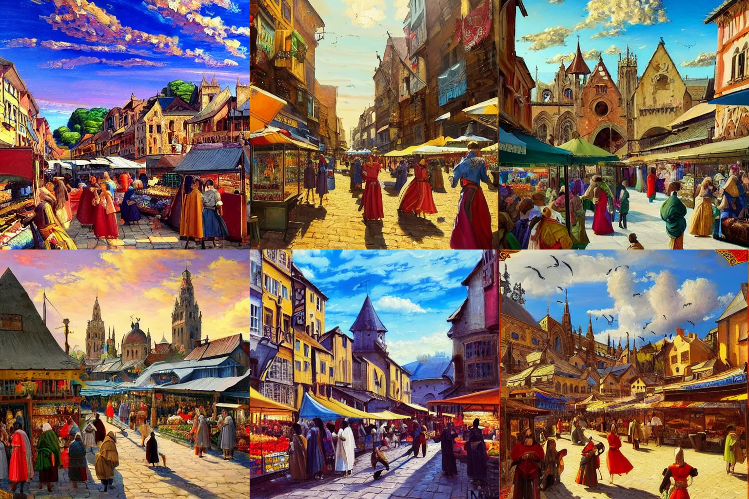 Prompt: This painting is simply stunning. It is a beautiful landscape painting of a medieval scene, with busy market in the background and a bright sky. The colors are so vibrant and the detail is amazing. It is a truly beautiful painting. flat color, deep brown by Diego Dayer, by Naoko Takeuchi Trending on artstation, 8k, very very very beautiful scene