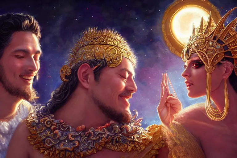 Image similar to close up moment of a divine a sun god and a moon goddess lovers magician at a wedding banquet, highly detailed, d & d, fantasy, highly detailed, digital painting, trending on artstation, concept art, sharp focus, illustration, art by artgerm and greg rutkowski and magali villeneuve