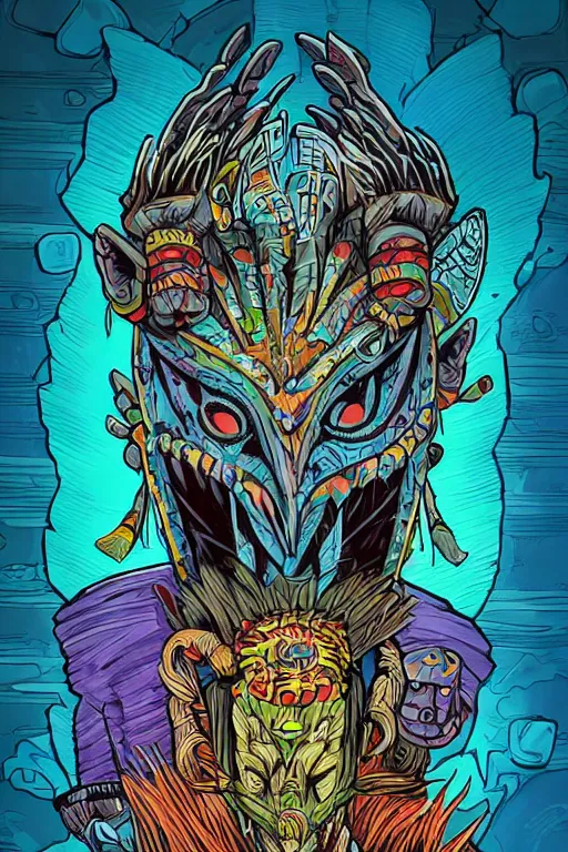 Image similar to totem animal shaman vodoo mask feather gemstone plant wood rock tribal video game illustration vivid color borderlands by josan gonzales and dan mumford radiating a glowing aura