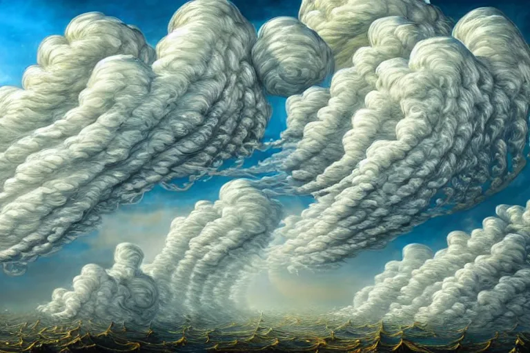Prompt: a huge flock of many elaborate intricate smooth sculptural whirling elegant clouds puffy filigreed twisting turning cloud sculptures, tornadoes, art nouveau military environment, soothing, crepuscular, award winning art, epic dreamlike fantasy landscape, ultra realistic,