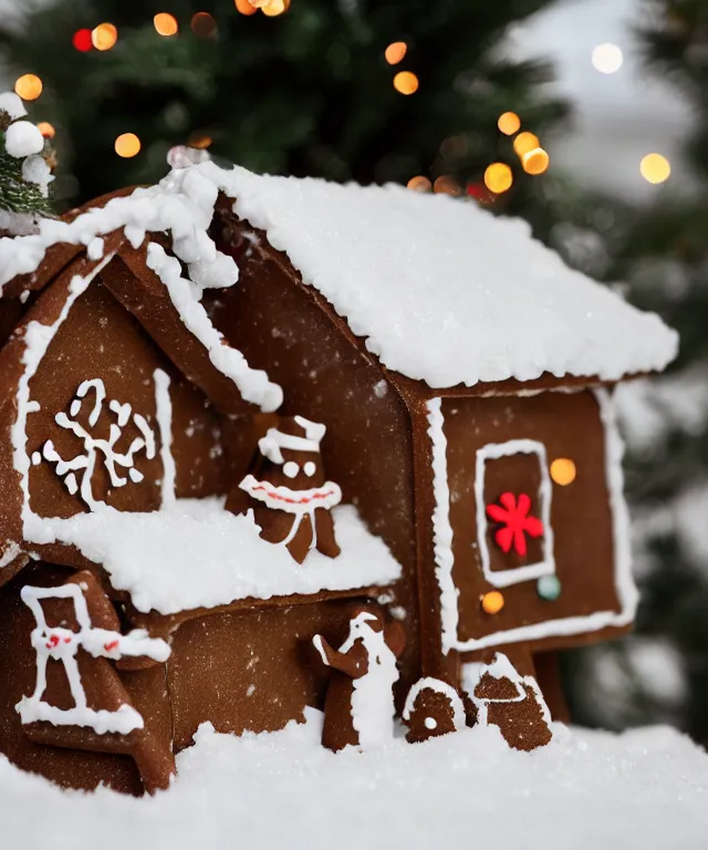 Prompt: high quality presentation photo of a gingerbread snow cottage, photography 4k f1.8 anamorphic bokeh 4k Canon Nikon