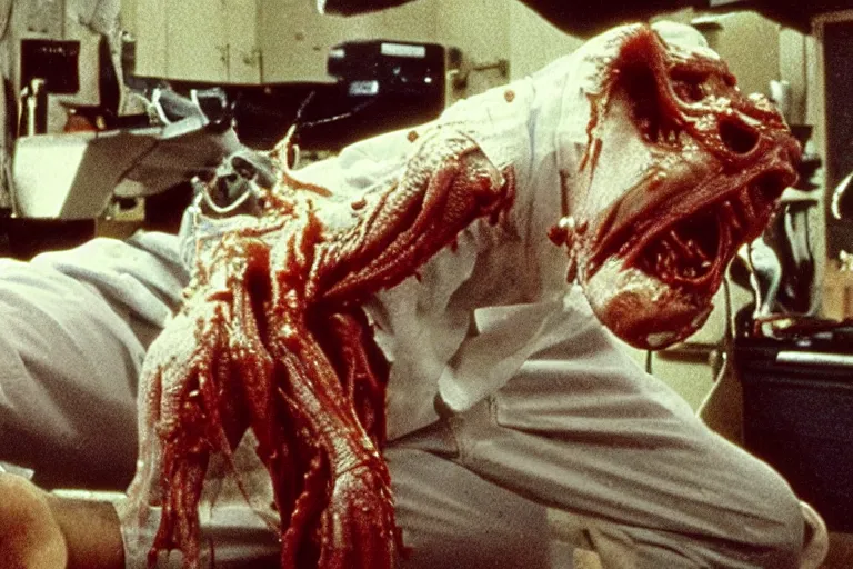 Prompt: filmic extreme wide shot dutch angle movie still 35mm film color photograph of a doctor getting his both his legs pulled and torn off by a bundle of dangerous alien worms coming from off camera, blood slattering, in the style of The Thing 1982 horror film