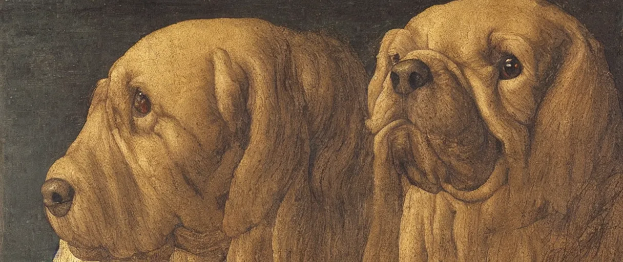 Prompt: studio portrait of a wizened old dog; extremely detailed; oil painting by Leonardo da Vinci