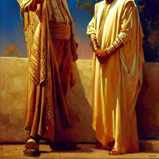 Prompt: attractive arab king confesses his love for his attractive male prince. highly detailed painting by gaston bussiere, craig mullins, j. c. leyendecker