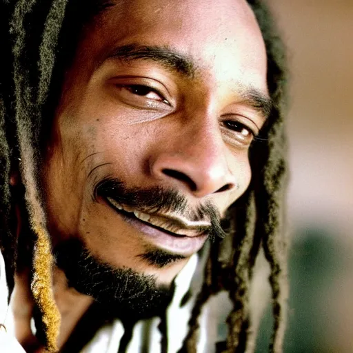 Prompt: cinematic film still of Snoop Dogg as Bob Marley, candid photo, 1999, Jamaica, shallow depth of field, close up photograph, epic lighting