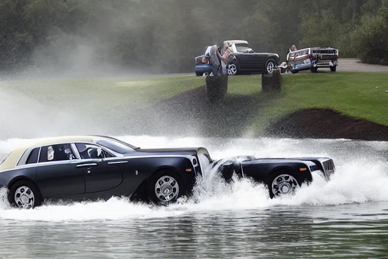 Image similar to Group of teenagers push Rolls-Royce into lake from small slide