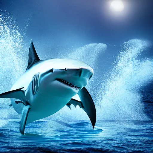 Image similar to a giant shark as water art manipulation, on the ocean water, futuristic, glowing, hyper realistic, ray tracing, realistic water splashes, sharp focus, long shot, 8 k resolution, cinematic, photoshop art