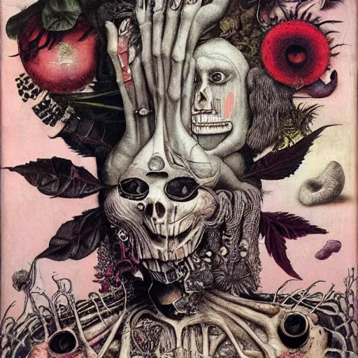 Prompt: post - punk new age album cover, magic, apocalypse, psychedelic, psychonaut, black white pink, magic, giger h. r., giuseppe arcimboldo