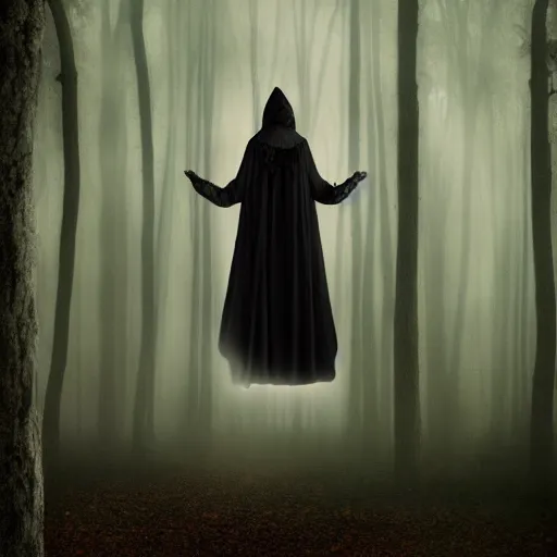 Image similar to a high detailed photo of a lady in a dark cloak suspended in mid air, ancient forest, mist, 35mm, photorealistic, realistic, deviantart, gloomy atmosphere, high definition