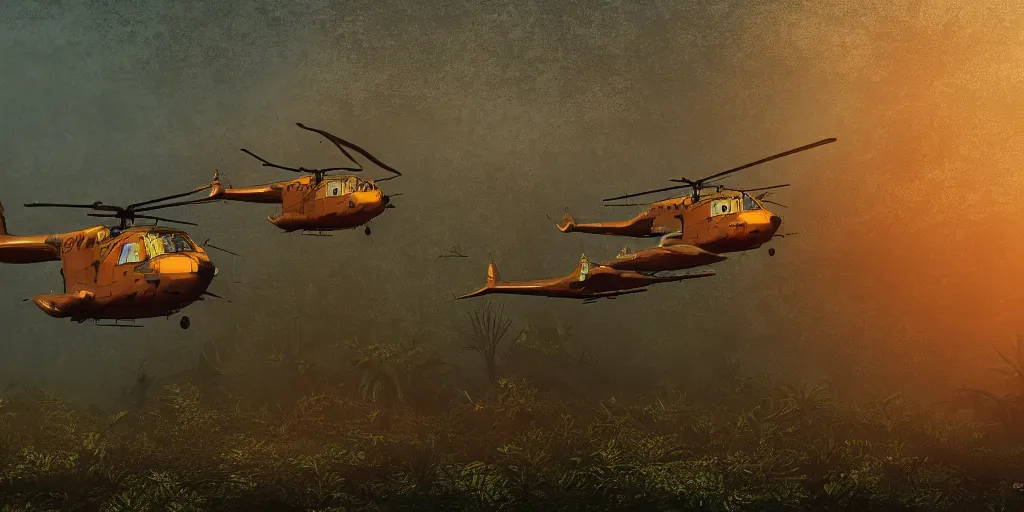 Image similar to Painting of vietnam Huey Helicopters, above a forest, orange sun set, abstract, realism, 8k, high details, octane render, glow, war, 3d render,