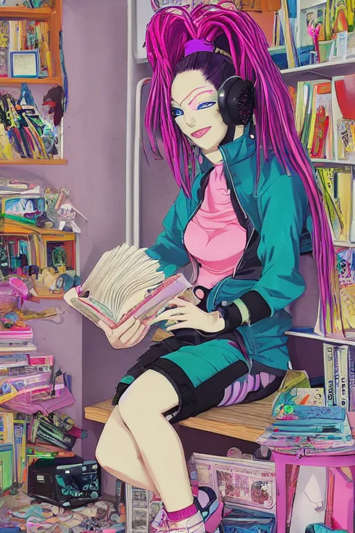 Image similar to concept art painting of an anime cybergoth girl with pink dreads on the floor reading a book in a cluttered 9 0 s bedroom, artgerm, jamie hewlett, toon shading, cel shading, calm, tranquil, vaporwave colors, rendered by substance designer, lifelike,