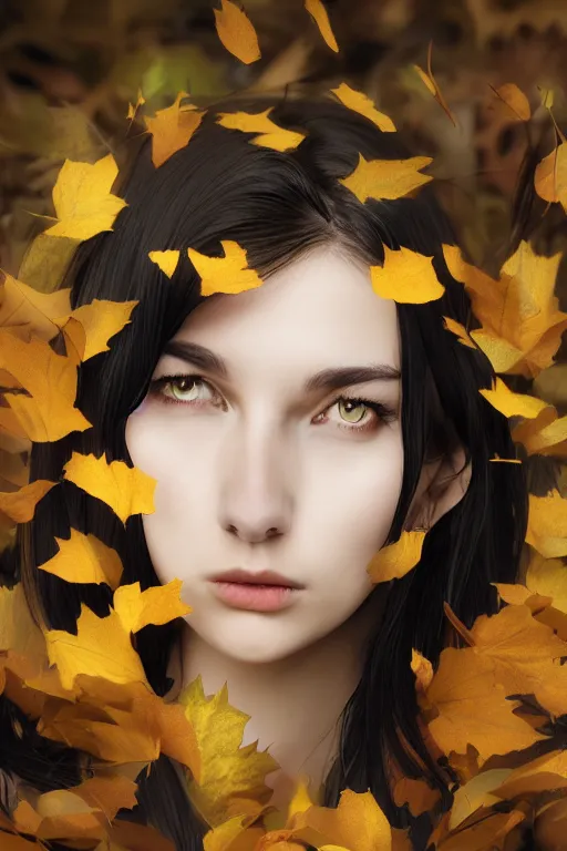 Image similar to young woman's face surrounded by Autumn leaves, long black hair, pale skin, symmetrical face, octane render, hyper-realism, photorealism, 4k, dramatic lightning, by Goya,