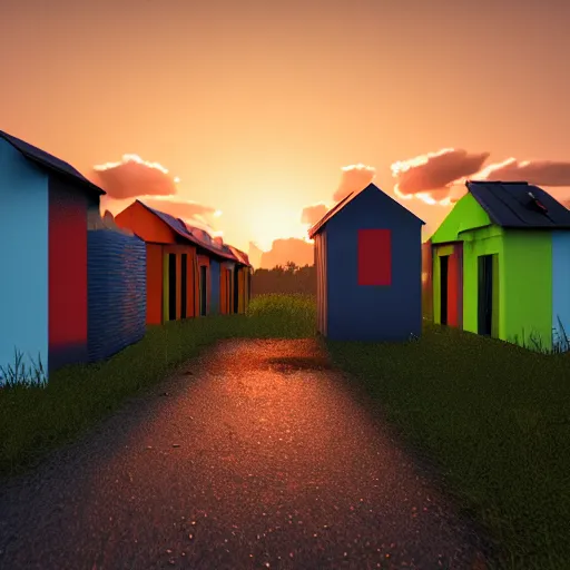 Prompt: glue houses, vaponpunk, sunset, 8k, soft light, ray tracing, wet ground