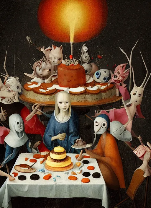 Image similar to fnafs eating cakes painted by hieronymous bosch, detailed digital art, trending on Artstation