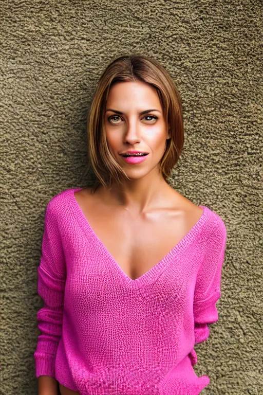 Image similar to olive skinned female model in her thirties, wearing pink v - neck sweater, focused on neck, photo realistic, extreme detail skin, natural beauty, straight teeth, no filter, slr, golden hour, 4 k, high definition, selfie